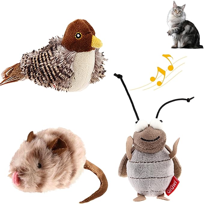 PETGEEK Gigwi Simulated Chirping Bird Cat Toy, Fake Interactive Cat Toys for Indoor Cats, Feather Toy with Hanging Loop for Bored Indoor Adult Kittens Interactive Play (Bird Mouse Cricket)