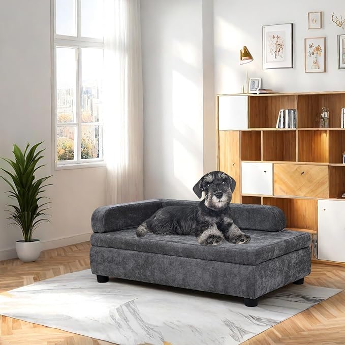 AFBKSS&BB Pet Sofa with Hidden Storage for Puppy and Cat,Linen Fabric Dog Sofa,Cat Couch with Wooden Frame (Grey)