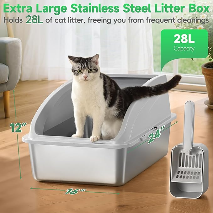 2 Pack Stainless Steel Cat Litter Box with Lid, XL Extra Large for Big Cats, 24" L x 16" W x 12" H, Metal Litter Box High Sided, Easy Cleaning, Include Scoop (Dark Gray & Light Gray)
