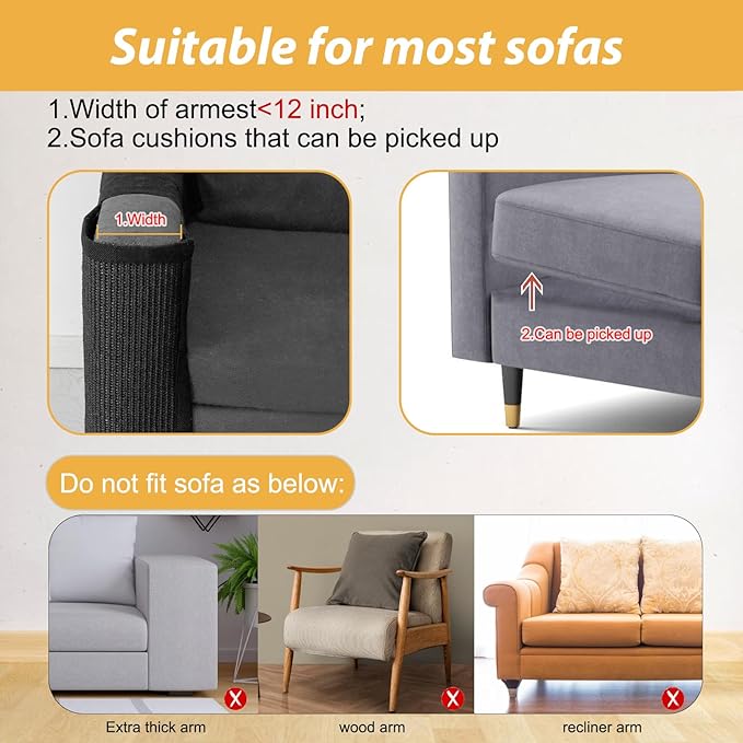 Cat Scratch Couch Protector,Cat Scratch Sofa Armest Cover with Sisal Mat and a Toy for Small Animals Indoor use 23.6’’L*19.7’’W (Black/Right Hand)