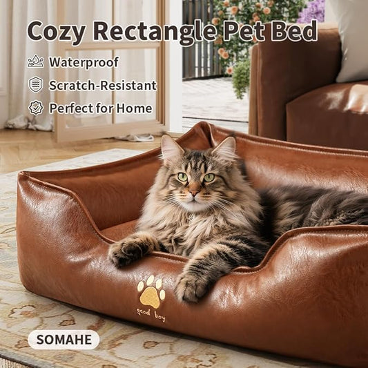 Premium Leather Cat Bed for Indoor Cats Premium Small Dog Bed Pet Nest with Anti-Slip Base Ultra Soft Texture for Comfortable Rest 24 × 18 × 9 inch Brown