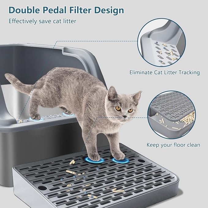 Large Stainless Steel Cat Litter Box,Kitty Litter Box with Lid,XL Jumbo Enclosed High Sided Cat Litter Pan Boxes for Indoor Cats,Scoop with Holder,Non-Sticky Never Absorbs Odors