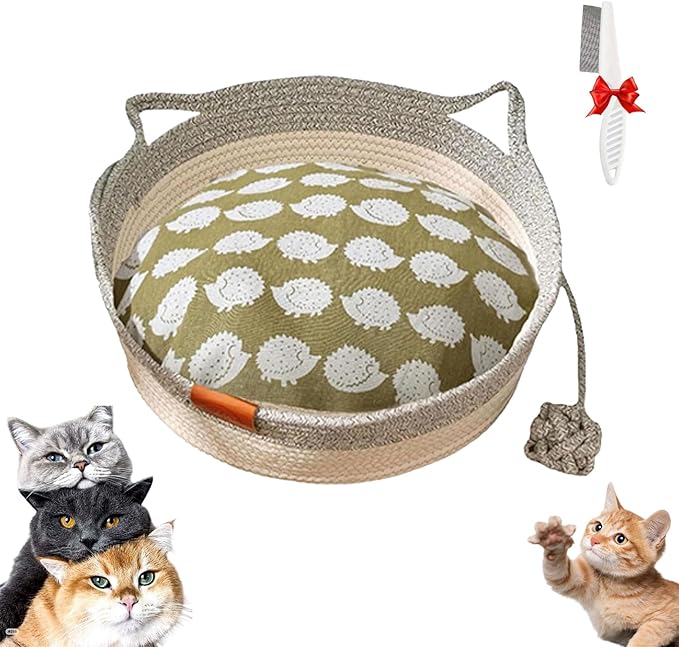 Stimulicat Cat Bed, Stimulicat Handwoven Cat Basket, Foldable Round Cotton Rope Cats Beds with Toy Tail and Built-in Scratching Pad, Scratch Resistance Easy to Clean (Gray+Cushion, Medium)