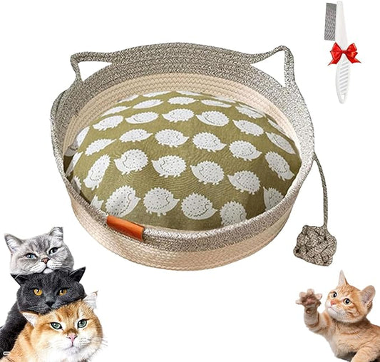 Stimulicat Cat Bed, Stimulicat Handwoven Cat Basket, Foldable Round Cotton Rope Cats Beds with Toy Tail and Built-in Scratching Pad, Scratch Resistance Easy to Clean (Gray+Cushion, Small)