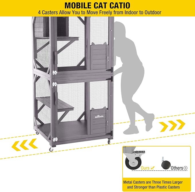 Aivituvin Cat House Outdoor Catio Cat Enclosures on Wheels 70.9" Kitty House with Upgraded Resting Box,Waterproof Roof