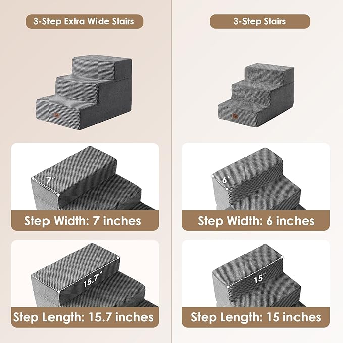 EHEYCIGA Dog Stairs for Small Dogs 16.5" H, 3-Step Extra Wide Dog Steps for Couch Sofa and Chair, Pet Steps for Medium Cats, Non-Slip Balanced Pet Ramp Indoor, Grey