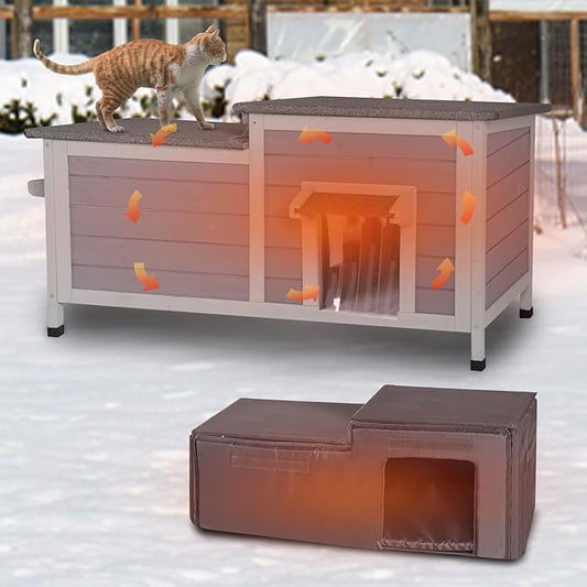GUTINNEEN Outdoor Cat House Insulated, Weatherproof Feral Cat House Outside, Heated Stray Cat Shelter for Winter, Wooden Kitty House Indoor