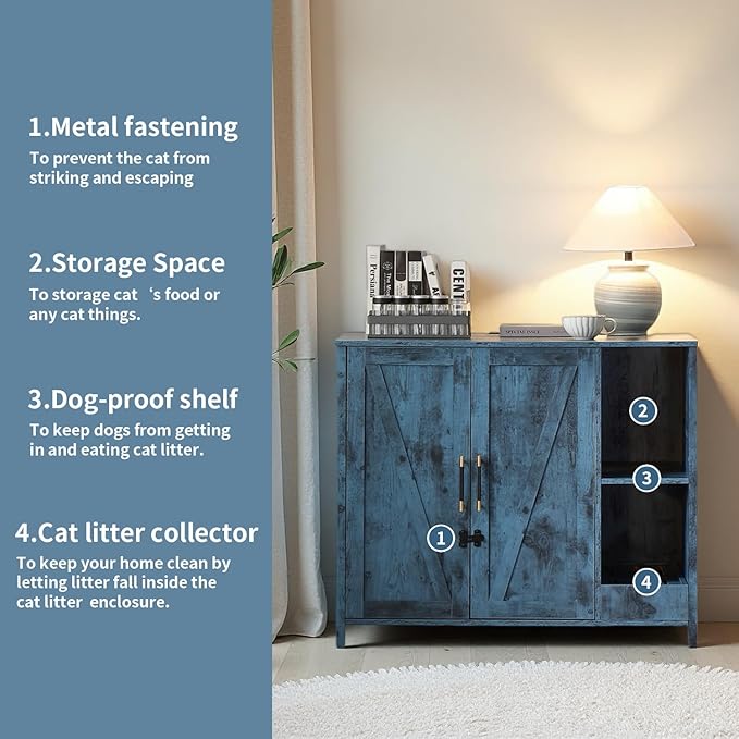 Cat Litter Robot Enclosure with Litter Collector,Cat Litter Cabinet with Dog Proof Adjustable Shelf,for Placing Litter Robot 3/4,Power Outlet (Blue)