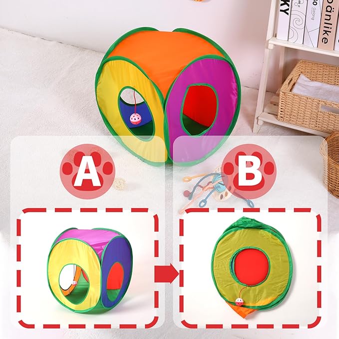 ‌Coolcandy Cat Tunnel & Interactive Cat Toy Indoor, Cube Shape Tunnel Toys for Indoor Cats, Collapsible Interactive Peekaboo Cave with Play Ball, for Multi-Way Play & Small Animals