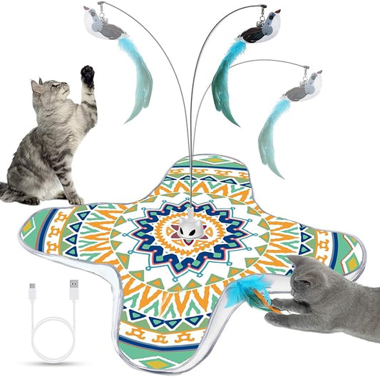 Interactive Cat Toy, Rechargeable Cat Toys for Indoor Cats, Automatic Cats Chasing Toy, Hide & Seek, 2 Modes, Self-Holding Suction Base, 3-in-1 Feather Toys with 1 Teaser Pole, 4 Replacements