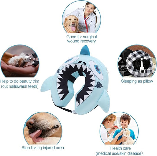 CuteBone Big Shark Inflatable Dog Cone with Removable Soft Fleece Covers for Small/Medium/Large Dogs and Cats Neck Donut Collar After Surgery GWB12L