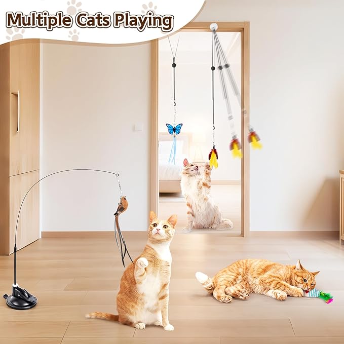 HONGDDY Interactive Bird Simulation Cat Toys，4 in 1 Cat Toys for Indoor Cats, 4 Replacement Birds，Hanging Door Kitten Wand with Suction Cup Removable Feathers Balls Mice Butterfly Streamers