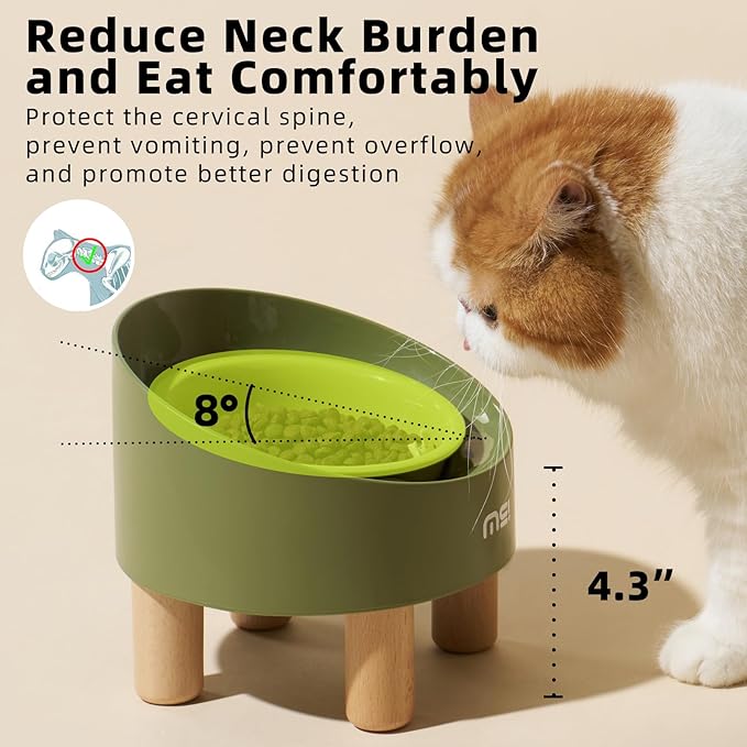 MS!MAKE SURE Cat Bowls, Adjustable Elevated Ceramic Cat Bowls with Anti-Slip Rubber Pad, Splash Guard, Lead & Cadmium Free, Whisker Friendly, for Puppies & Cats - 5.1" Wide, 295ML (10 oz), Green