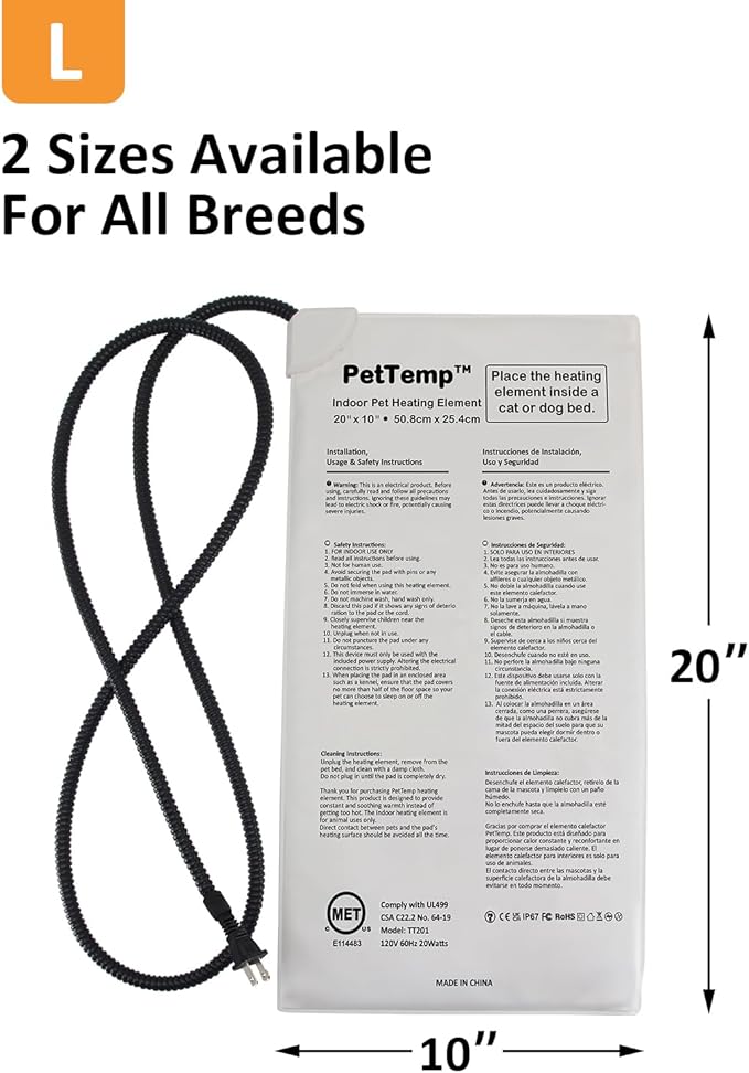 Pet Bed Warmer, Compact Heating Pad Insert for Cat Dog Beds, Turn Any Pet Bed Into a Heated Pet Sleep Pad, Waterproof Heated Mat with Chew-Resistant Cord, Safe and Warm (L:20' x 10'')