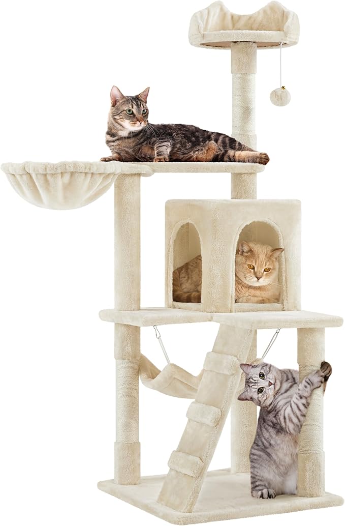 Yaheetech Cat Tree, 54in Tall Cat Tower for Indoor Cats with Extended Platform & Basket, Spacious Cat Condo, Funny Hammock, Scratching Posts and Ladder, Beige
