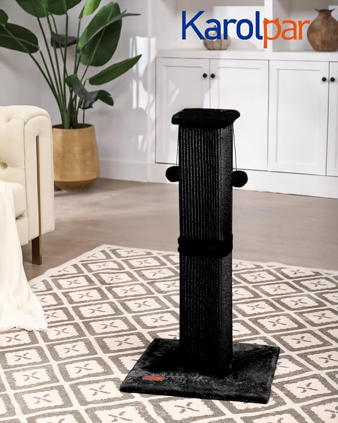 Cat Scratching Post, 33Inch Tall Cat Scratch Post for Indoor Cats Adults and Kitten, Sisal Cat Scratcher with Hanging Balls (Black)