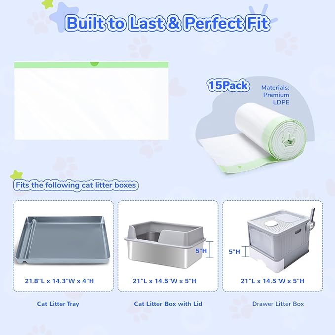 Cat Litter Liners for Pet Scoop Free Crystal Litter Tray, Open/Hooded Litter Pan and Pull-out Litter Box Sliding Drawer, Tear-resistant Disposable Replacement Kitty Poop Bags (15 Count, 37 W x 13 H)