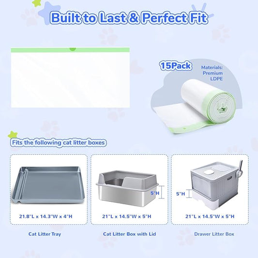 Cat Litter Liners for Pet Scoop Free Crystal Litter Tray, Open/Hooded Litter Pan and Pull-out Litter Box Sliding Drawer, Tear-resistant Disposable Replacement Kitty Poop Bags (15 Count, 37 W x 13 H)