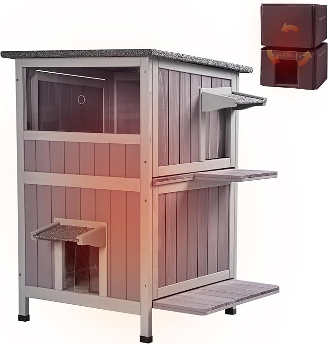 Aivituvin Outdoor Cat House，2-Levels Feral Cat Shelter Insulated for Winter，Large Size Cat Enclosure for Multiple Cats
