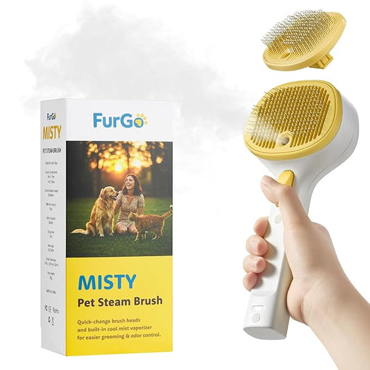 FURGO 3-in-1 Pet Steam Brush for Dogs & Cats – Reduces Static, Replaceable Heads, One-Touch Hair Ejection, Dog Spray Brush for Shedding Control(Long&Short)
