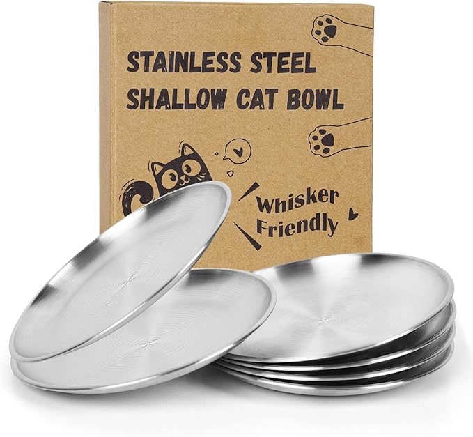 6-Pack Stainless Steel Cat Food Bowls – Shallow Whisker-Friendly Non-Slip Silicone Base,Easy to Clean Indoor Feeding Dishes(6.7")