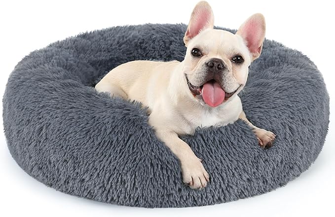 rabbitgoo Dog Bed for Small, 24 inches Machine Washable, Fluffy Donut Pet Bed Anti-Slip, Calming Soft Plush Round Cushion, Fits up to 18 lbs Pets, Dark Grey