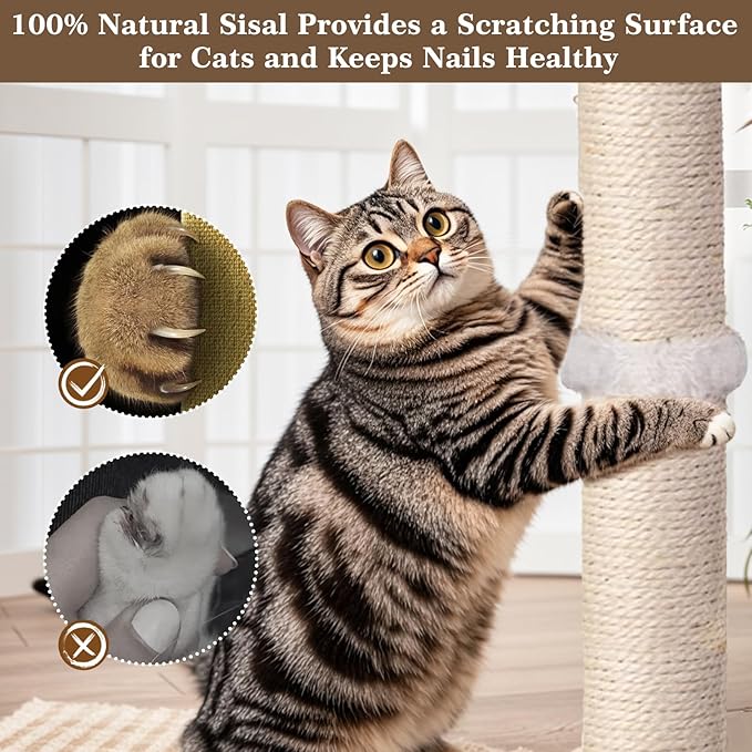 Tall Cat Scratching Post, 33 Inches, Sisal, Interactive Furniture Toys for Indoor Cats Adults, 2 Mounting Methods Large Scratcher Tree Tower with Hanging and Ball Track, Activity Center for All Ages
