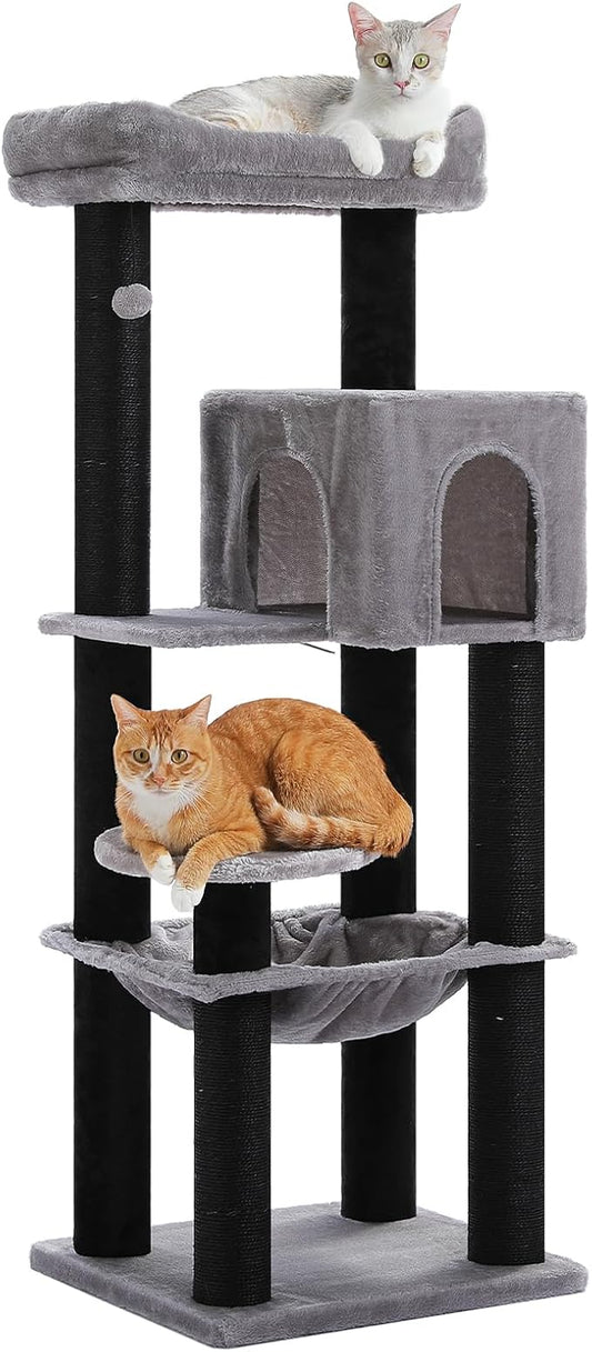 Large Cat Tree for Indoor Cats Large Adult, 57.8" Heavy Duty Cat Tower with Reinforced Scratching Posts (φ3.7in) and Plush Larger Hammock for Maine Coon & Big Cats, Supports 30lbs, Black