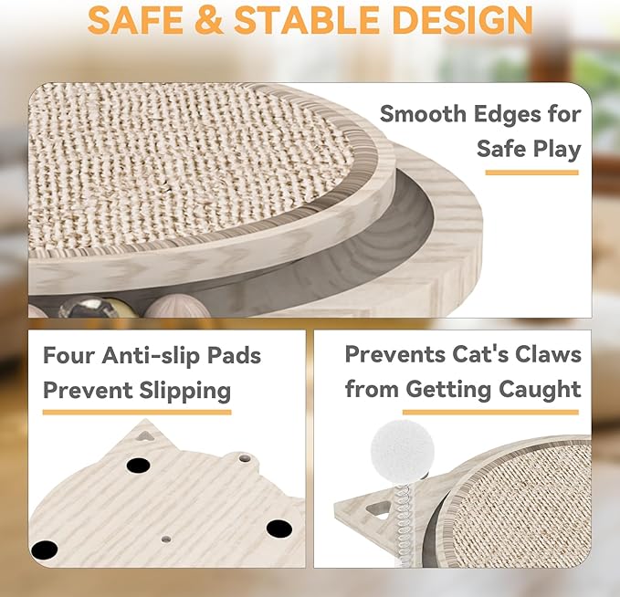 Cat Scratcher Board with Natural Sisal, Interactive Cat Track Toy with Spring Ball – Durable Kitten Scratching Pad for Indoor Cats, Kitty Wooden Cat Toy Stress Relief & Fun Exercise