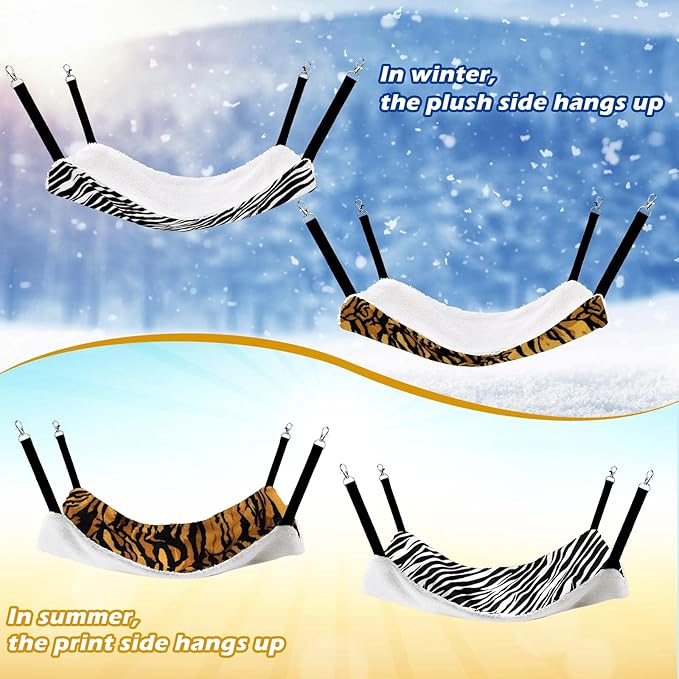 2 Pieces Reversible Cat Hanging Hammock Soft Breathable Pet Cage Hammock with Adjustable Straps and Metal Hooks Double Sided Hanging Bed for Small Dogs Rabbits(Zebra, Tiger Stripes,M)