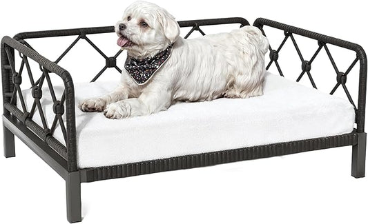 Dog Bed with Cushion, Cooling Elevated Raised Beds with Rattan Breathable Mesh and Universal Mat, Indoor & Outdoor Pet Cots for Small Dog, Black