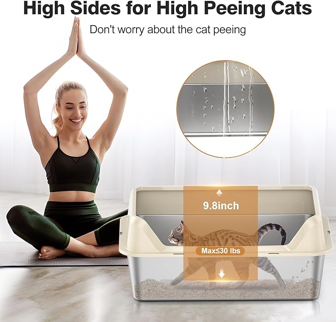 Stainless Steel Litter Box with Lid, XL Cat Box, Non-Sticky, Anti-Leakage, Easy to Clean (Beige)