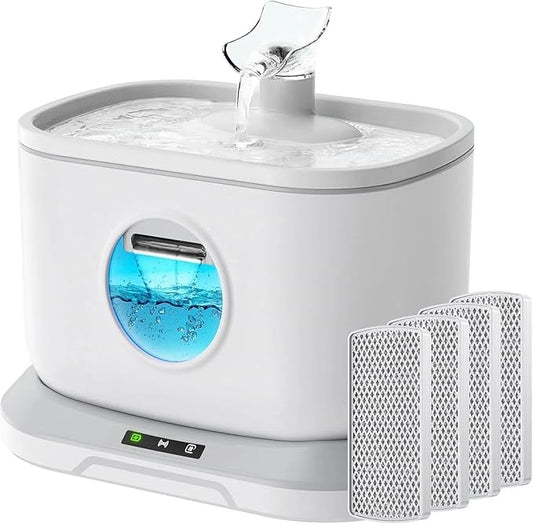 Cat Water Fountain Cordless, Wireless Pump Auto Shut-Off 7-Layer Large Filter Dual Radar Automatic Water Dispenser for Cats, 2.6L/88oz Seperated Water Tank & 5000mAh Battery Dock, BPA Free +4 Filters