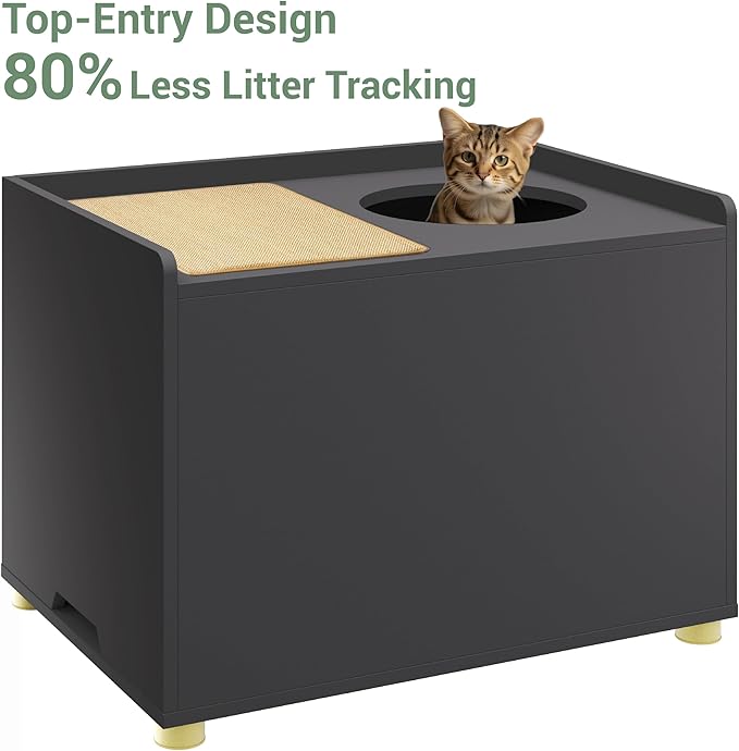 Top Entry Litter Box Enclosure, Modern Flip Top Litter Box Furniture with Cat Scratch Mat, Side Table (Black)