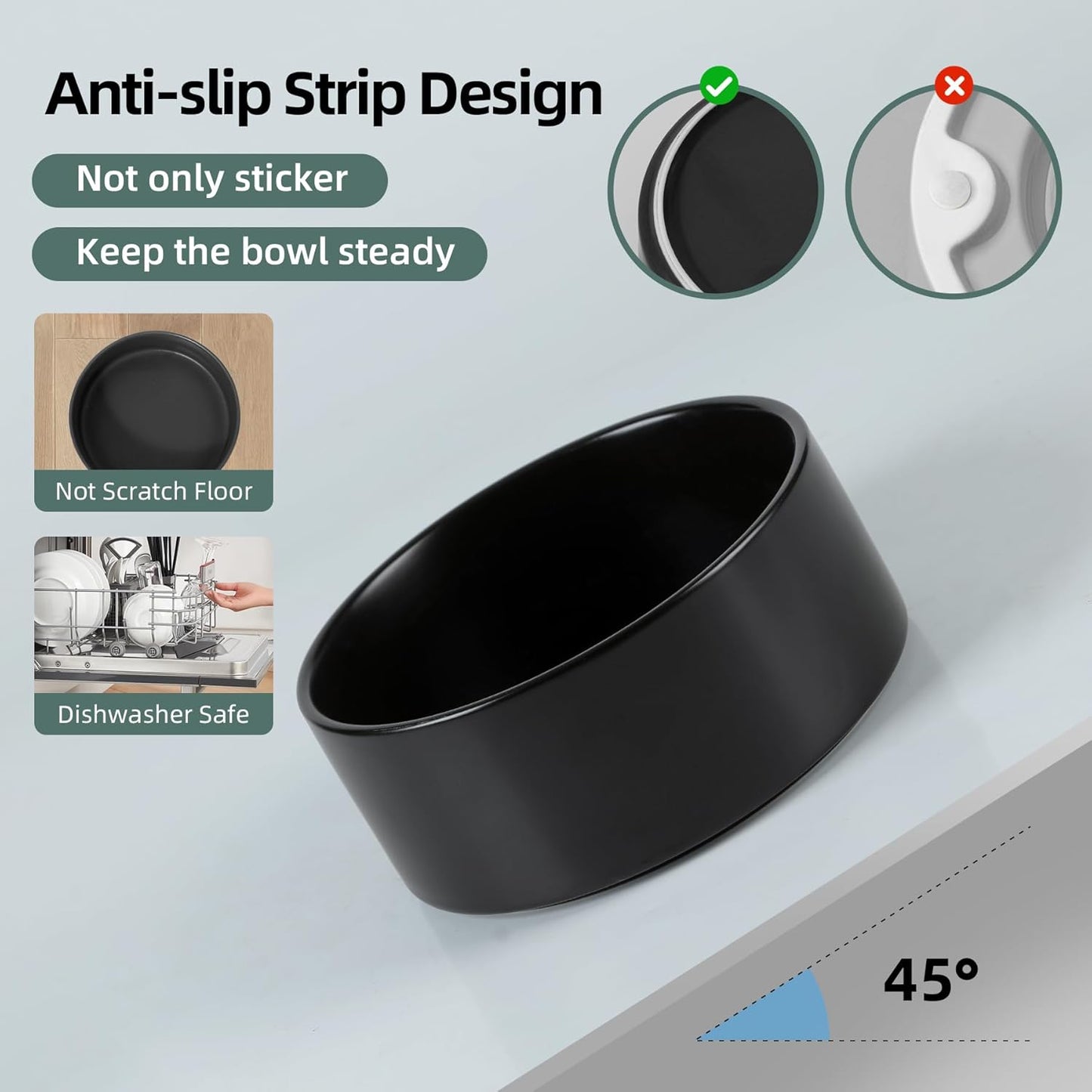 Ceramic Raised Double Bowls Set with Stand, 2 Heights Elevated, Food & Water Bowls for Small Breed Dogs, Cats, Kitty, Weighted Dog Dishes, Pet Bowls(5.1'',13.5oz, Black)