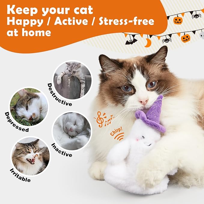 Halloween Catnip Toys, Flapping Ghost Catnip Toy, Interactive Kitten Exercise Toys for All Cat Breeds Play Alone, Never Boredom