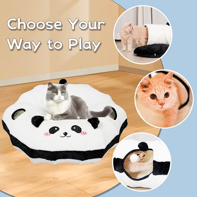 Cat Tunnel Bed for Indoor Cats - Cute Cat Donut with Washable Circle Cushion, Round Pet Play Tunnel Toy,Peekaboo for Kitten, Puppy, Rabbit, Ferret(Panda)