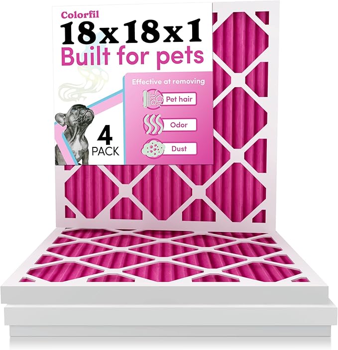 18x18x1 Air Filter by Colorfil | Color Changing Filters for Cat and Dog Odor | MERV 8 Furnace AC Filter for Pet Hair and Dust | 17.75"x17.75"x0.75" Exact Size | Pack of 4