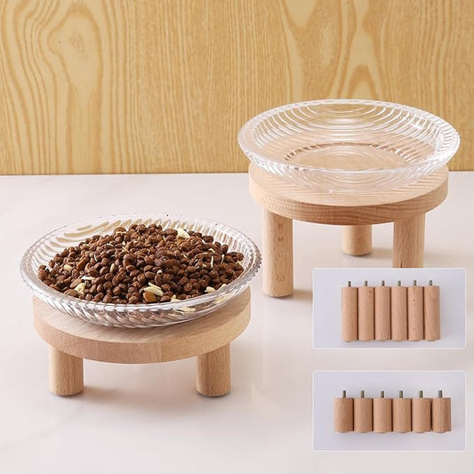 Raised Whisker Fatigue Cat Bowl. Glass Cat Bowls Elevated with Wooden Legs in 2 Heights. Protect The Spine and Prevent Vomiting. 2PCS. KGCCIZI