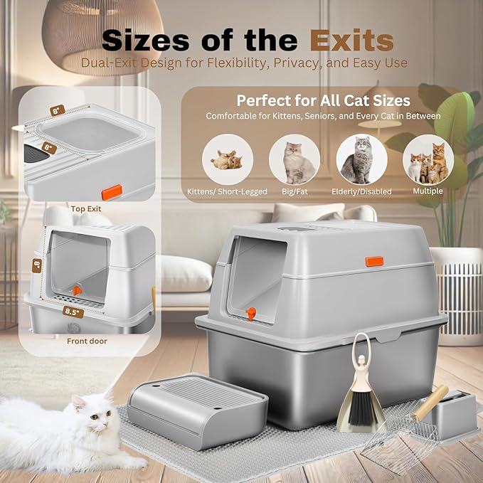 XXL Stainless Steel Sifting Litter Box with Lid, Fully Enclosed 8" Deep Metal Cat Litter Box, Leak-Proof, for Pine Pellets or Clumping Litter, for Large & Multi-Cats, with Litter Mat & Scooper & Brush
