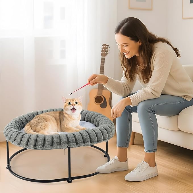 Sunhoo Elevated Cat Bed for Indoor Cats Raised Kitten Hammock Large High Puppy Cot Off Floor Self-Supporting Small Pet Chair with Metal Frame Washable Cushion Easy Assembly 23 * 17 * 8.3 in (Grey)