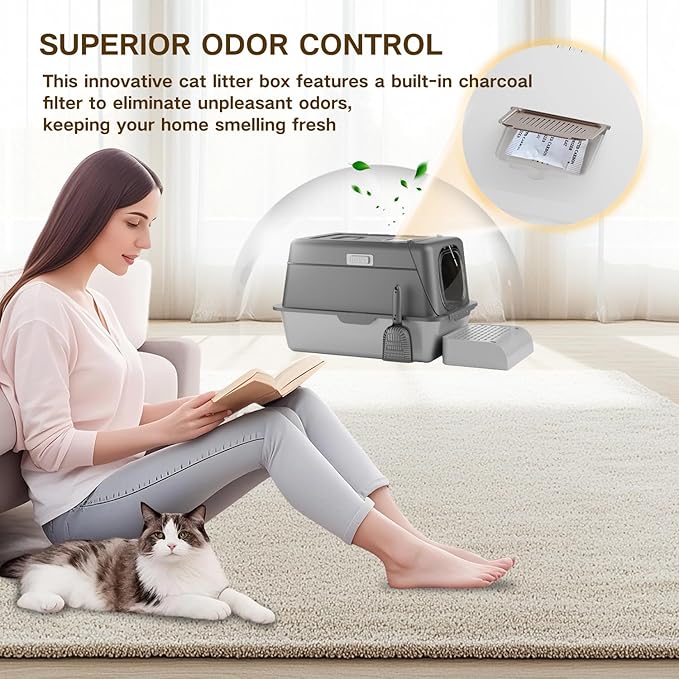 XX-Large Stainless Steel Cat Litter Box with Lid – Fully Enclosed Large Litter Box for Big Cats, Odor Control with Magnetic Door, Easy Clean, Multi-Cat Durable Metal Pan.(Grey)