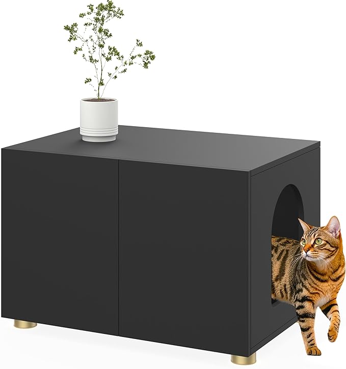 Small Litter Box Enclosure, Sleek Modern Cat Litter Box Cabinet Furniture, Wooden Cat House, End Table (Black)