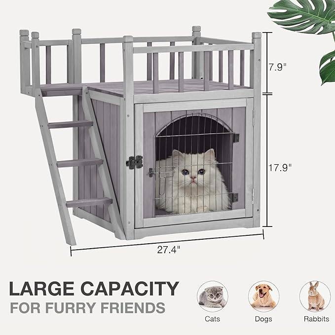 Cat House Outdoor or Indoor, Wooden Feral Cat Shelter with Large Balcony and Stairs, Kitty House with Lockable Wire Door