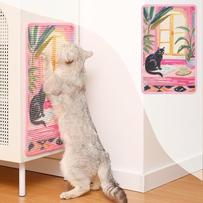 Sisal Cat Scratcher Post Mat (Use on Wall, Couch and Carpet), Shedding-Resistant Scratching Surface - 21.7x13 with Adhesives, Pads and Twist Pins (Cat in a Pink Room)