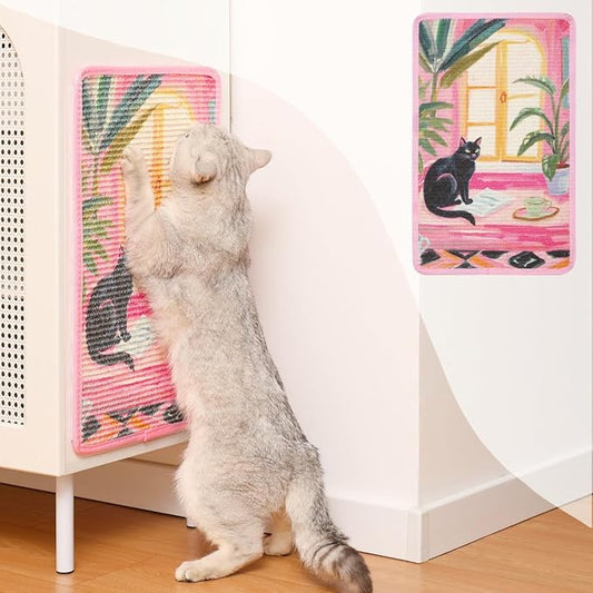 Sisal Cat Scratcher Post Mat (Use on Wall, Couch and Carpet), Shedding-Resistant Scratching Surface - 21.7x13 with Adhesives, Pads and Twist Pins (Cat in a Pink Room)