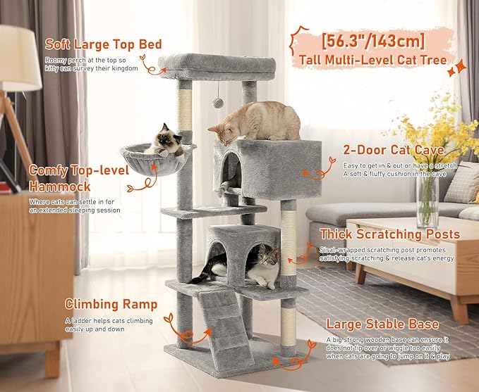 Cat Tree for Indoor Cats, 2 Cozy Condos with Spacious Top Perch, 56.3-Inch Multi-Level Cat Tower with Scratching Posts, 2 Caves, Plush Hammock and Climbing Ramp, Light Grey