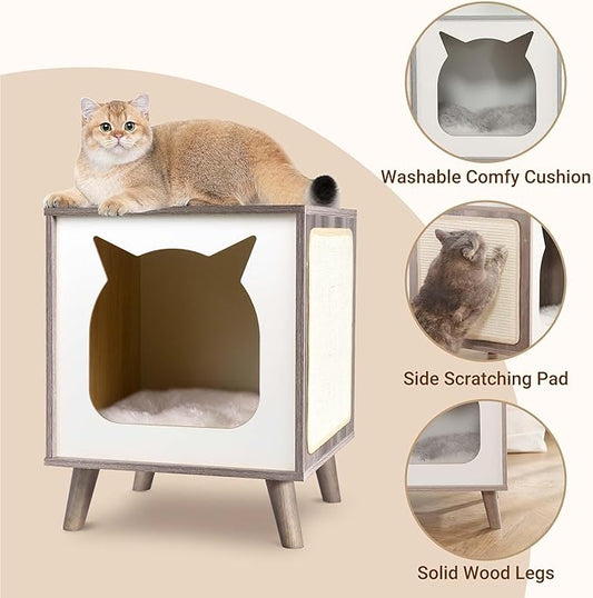 Cat House Wooden Cat Condo Cube Shaped,Modern Cat Bed Side Table & Nightstand,Cat Shelter Furniture with Cushion Cat Scratch Pad,Grey