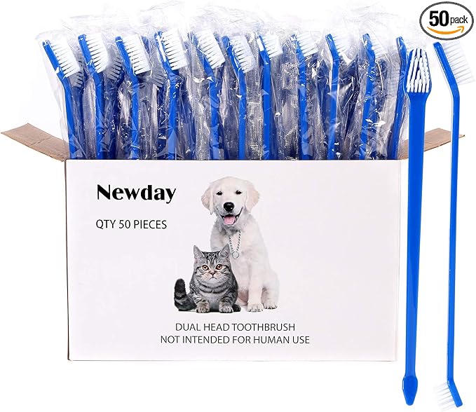 Newday 50 Pieces Double-Headed Dog Cat Pet Toothbrush, Super Soft Bristles Oral Care Teeth, pet Tooth Brush for Dogs, Dog toothbrushes in Bulk Individual polybag (Blue)