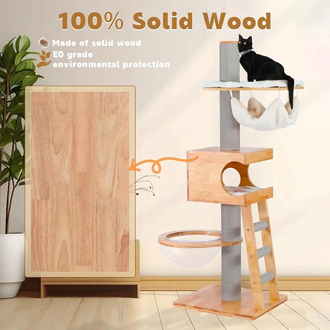 62.6'' Tall Wooden Cat Tree for Indoor Cats,Luxury Cat Tower with Cat Condo,Hammock,Clear Bowl,Thickened Sisal Scratching Post,Climbing Ladder,Heavy Duty Cat Furniture for Small Medium Large Cats